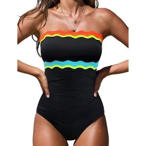 NWT Popvil One Piece Swimsuit Strapless Bandeau Neon Tummy Control Large